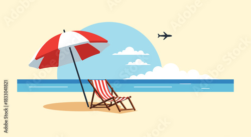 Relaxing beach scene with a striped deck chair under a red and white parasol, overlooking the ocean with a plane flying by.