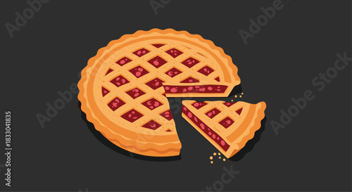 Top-down view of a freshly baked cherry pie with a lattice crust, with one slice cut out, on a dark gray background.