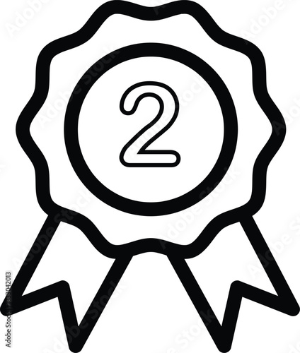 Black and white outline illustration of a second place award badge featuring a bold number two inside a ribbon-shaped emblem