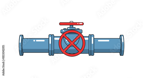 Illustration of a blue pipeline with a red valve handle turned to the off position, indicating a closed or stopped flow.
