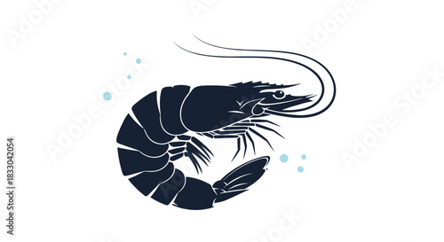 Elegant black silhouette of a shrimp or prawn with long antennae and small air bubbles, perfect for a seafood restaurant logo.