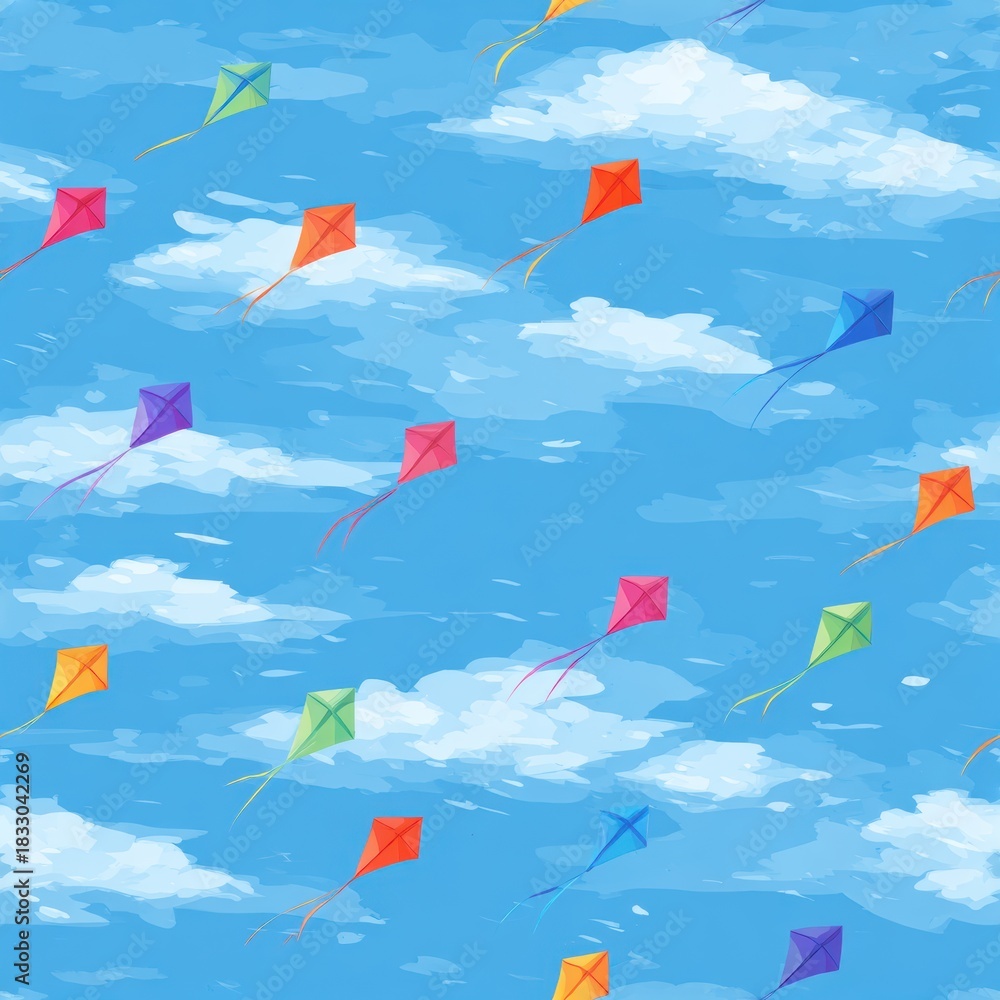Obraz premium Joyful Kite Flying Scene with Colorful Diamond Shaped Kites Dancing in Blue Sky with Fluffy Clouds