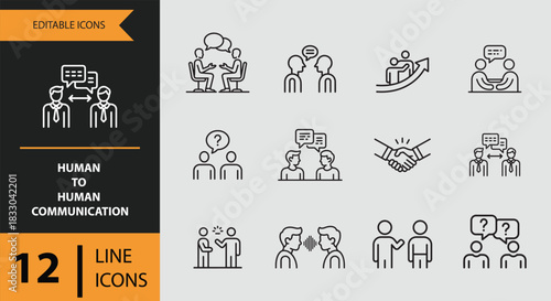 12 Human to Human Communication outline icon set.eps. Outline communication icons for direct human interaction and messaging