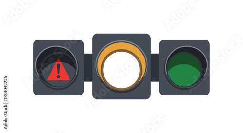 Horizontal traffic light with three signals: a red triangular warning sign, a yellow light, and an unlit green light for traffic.