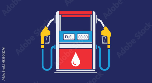 Flat design illustration of a modern gas station pump with two nozzles, a digital display, and a fuel drop icon on blue.