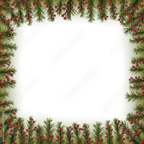 Christmas Botanical Frame Vector with Pine Branches and Red Berries – Festive Holiday Border Illustration
