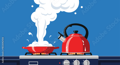 Kitchen scene with a pot boiling over and a red kettle whistling on a gas stove, illustrating cooking and boiling water.