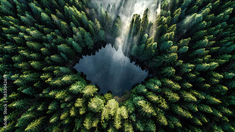 Fototapeta premium AI Generated - Aerial view of a forest with a waterfall cascading down the middle. Professional stock photography. Stock photo. High-resolution. High-res. Premium quality. Premium. Professional grade.