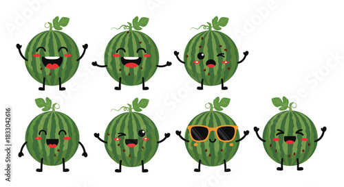 Set of cute kawaii watermelon characters with various happy expressions, including winking, laughing, and wearing cool sunglasses.