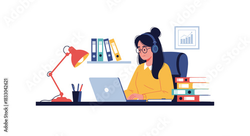 Illustration of a young woman with glasses and headphones working on a laptop at a desk with books, folders, and a lamp.