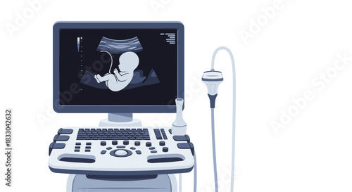 Medical ultrasound machine with a sonogram of a human fetus displayed on the monitor screen for prenatal diagnosis and care.