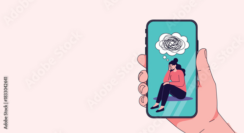 Person holding a smartphone displaying a woman experiencing anxiety or depression, symbolizing mental health issues and online therapy.