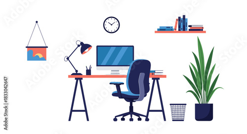 Modern and comfortable home office workspace with a computer on a desk, an ergonomic chair, a lamp, and a plant for remote work.