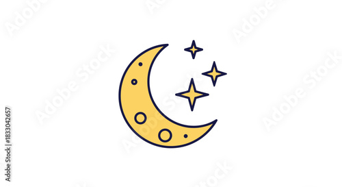 Colorful cartoon icon of a yellow crescent moon with craters and three sparkling stars representing nighttime, sleep, or space.