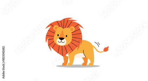 Adorable and friendly cartoon lion with a big orange mane standing and wagging its tail, isolated on a white background illustration.