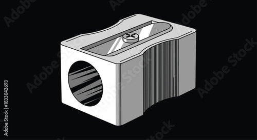 Monochromatic illustration of a classic manual pencil sharpener with a metal blade, shown in a simple line art style on a black background.