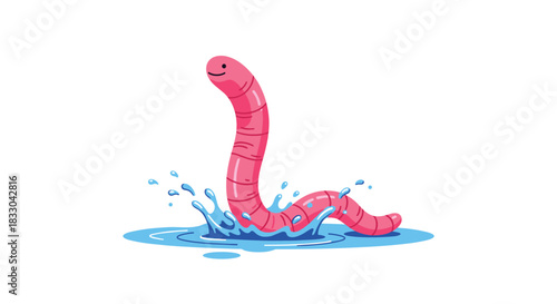 Cute pink cartoon earthworm character smiling and emerging from a puddle of water with a splash, isolated on a white background.