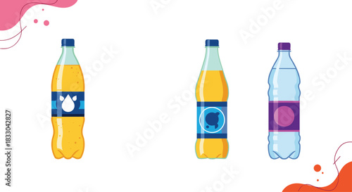 Collection of three plastic bottles filled with soda and water, featuring various label designs for showcasing beverage products.