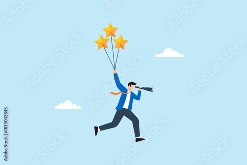 Flat illustration of businessman floating with star balloon while using telescope symbolizing ambition vision and opportunity exploration