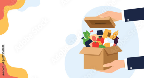 Hands opening a cardboard box filled with groceries, representing food donation, charity, volunteer work, or a home delivery service.