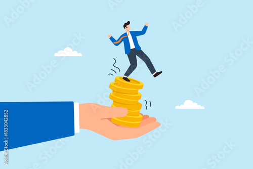 Flat illustration of businessman losing balance on unstable gold coin stack held by giant hand symbolizing financial instability and investment risk
