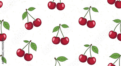 Seamless pattern background with ripe red cherries and green leaves, a sweet and fresh fruit design for fabric or wallpaper.