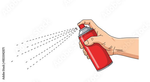 Hand holding a red aerosol can and pressing the nozzle to spray paint, deodorant, or disinfectant, shown in a cartoon style.