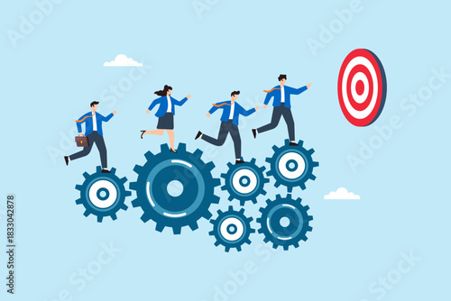 Flat illustration of business team running on gear mechanism toward target symbolizing teamwork collaboration and goal achievement