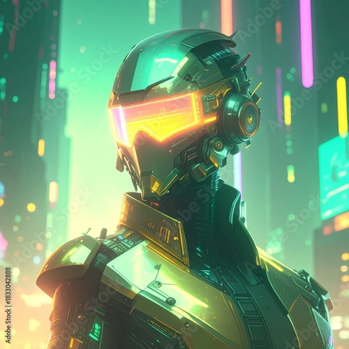 Cyborg AI man at futuristic city art pattern