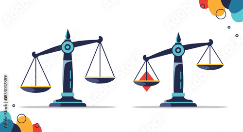 Set of two balance scales, one perfectly balanced and the other unbalanced, representing concepts of justice, comparison, and choice.