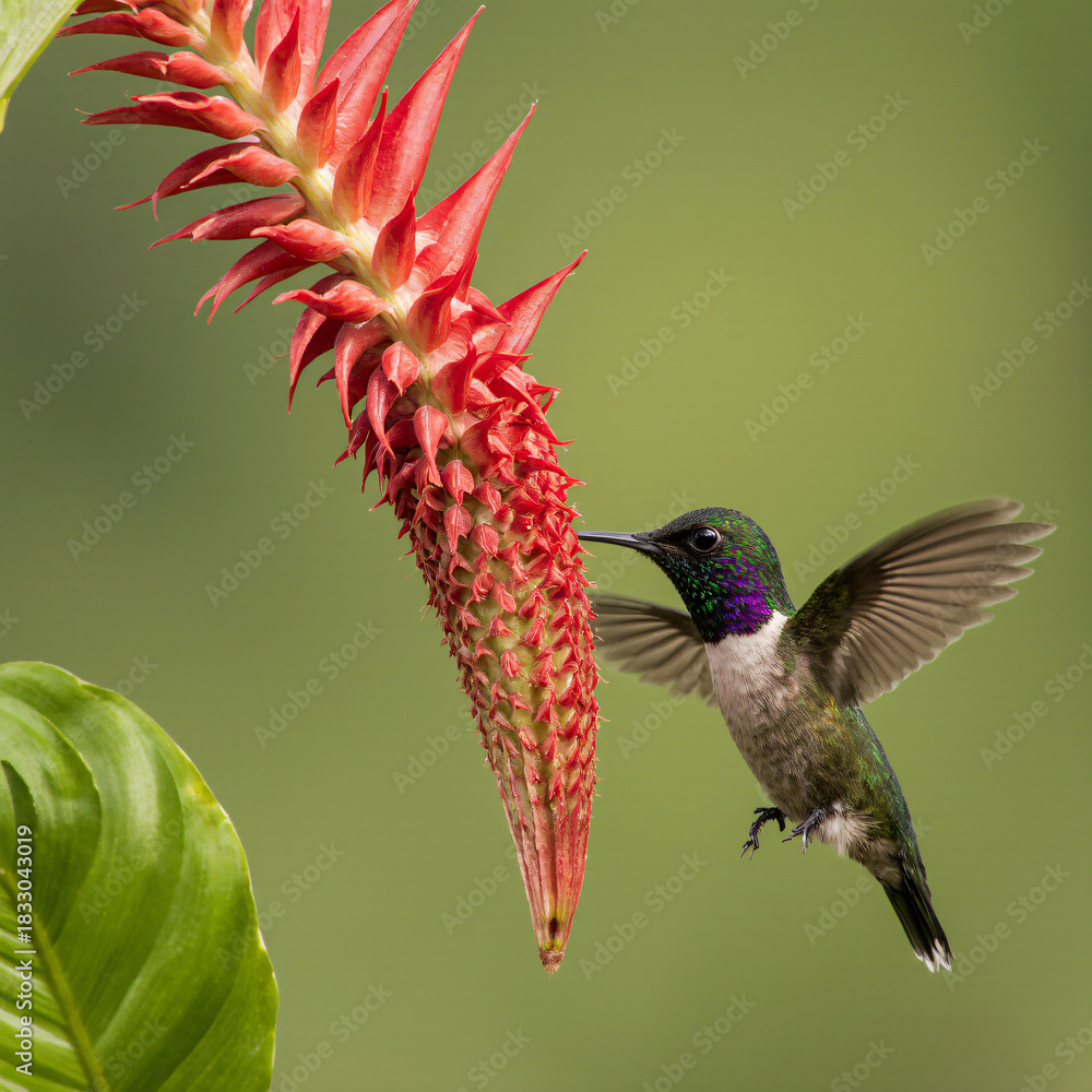 Fototapeta premium Hummingbird in Flight on a Tropical Flower: Pollination in Dynamic Action