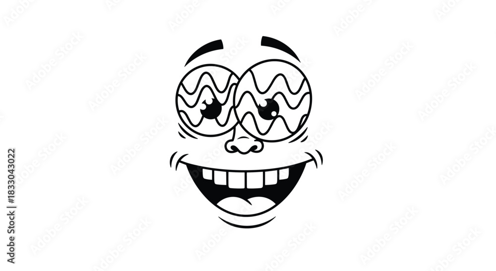 Obraz premium Black and white cartoon face with a crazy, dizzy expression, featuring wavy eyes and a wide toothy grin for a comical effect.
