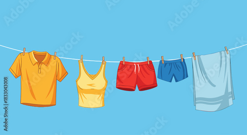 Colorful summer clothes and a towel hanging on a clothesline with clothespins to dry in the sun against a clear blue sky.