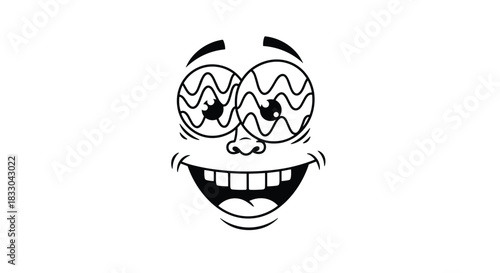 Black and white cartoon face with a crazy, dizzy expression, featuring wavy eyes and a wide toothy grin for a comical effect.