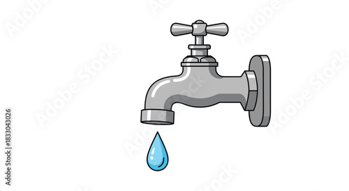 Silver water tap or faucet with a single blue drop falling, symbolizing water conservation, plumbing, and clean water resources.