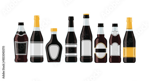 Set of various glass bottles filled with a dark liquid like soy sauce or balsamic vinegar, with blank labels for mockup purposes.