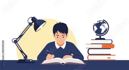 Diligent student or young man studying at a desk with a lamp, writing in a notebook next to a stack of books and a globe.