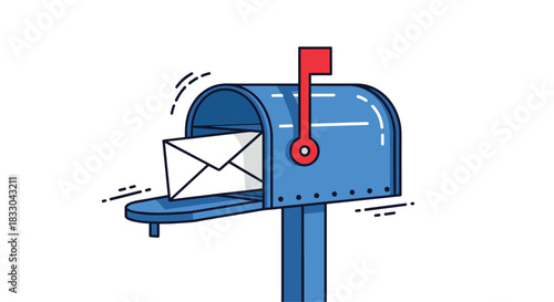 Blue retro-style mailbox with the red flag up, indicating that an envelope has just been delivered or is ready for pickup.