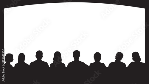 Silhouette of audience watching a presentation or movie on a large blank screen with an arched top, perfect for copy space
