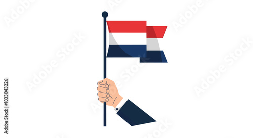 Hand in a business suit holding the national flag of the Netherlands, representing patriotism, national holidays, and Dutch pride.