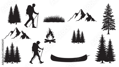 Collection of black silhouette icons representing hiking, camping, and nature elements like mountains, trees, backpacker, campfire, and canoe
