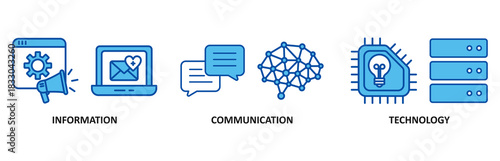 ICT banner web icon set In Blue Style vector illustration forinformation and communications technology with icon of antenna, radio, network, website, database, cloud, server, data, electronic