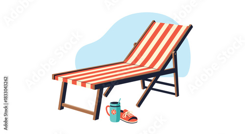 Beach deck chair with red and white stripes, along with a thermos and sneakers, ready for a relaxing summer vacation day.