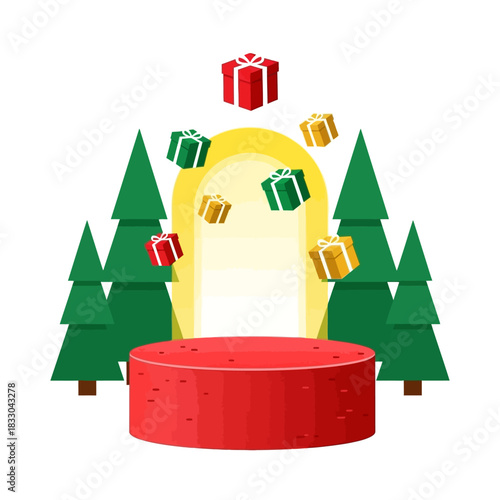 Enchanting Holiday Surprise Gifts Descending onto a Festive Red Podium Amidst Evergreen Trees
