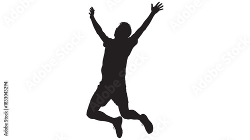 Silhouette of a happy person jumping high in the air with arms raised in celebration