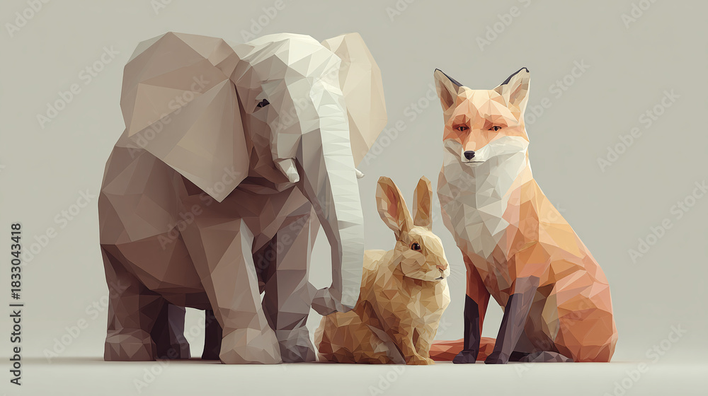 Fototapeta premium A captivating low-poly art composition featuring an elephant, a fox and a rabbit. The three animals are depicted with a minimalist aesthetic