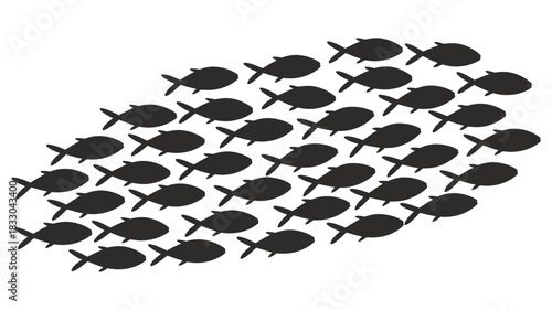 Silhouette of a large school of fish swimming together in a coordinated group