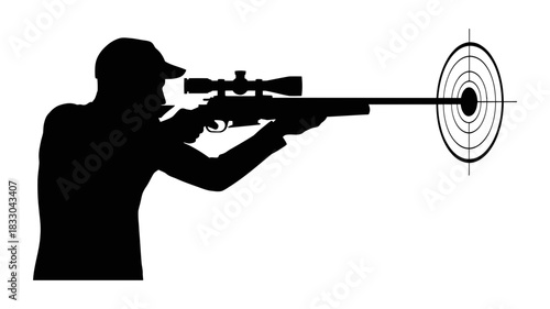 Silhouette of a hunter aiming a rifle with a scope directly at the bullseye of a target