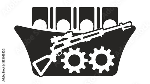 Black and white icon representing firearm manufacturing or arms industry with rifle, gears, and machinery elements