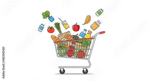 Grocery items like bread, vegetables, and milk flying into a shopping cart, illustrating a fast and easy supermarket experience.